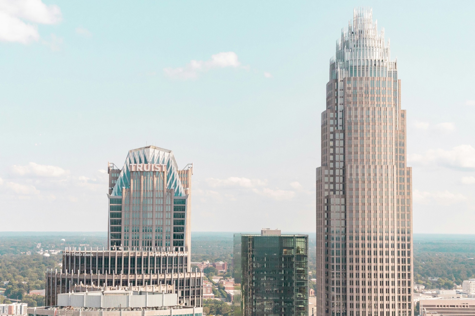 Two tall skyscrapers in the Charlotte city skyline, North Carolina