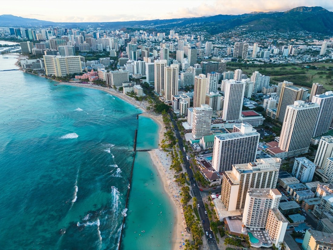 Aerial view of Waikiki Beach and city buildings near the ocean, Honolulu, Hawaii