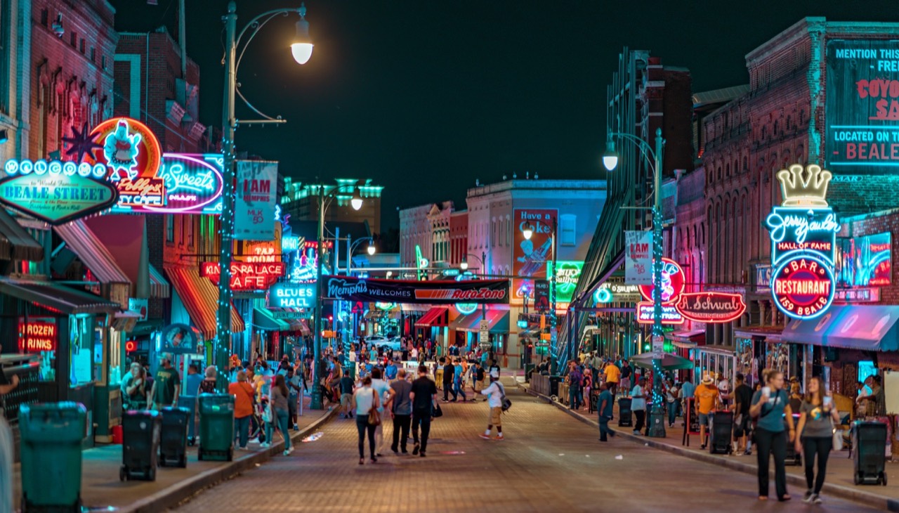 People walking on Beale Street entertainment district, Memphis, Tennessee