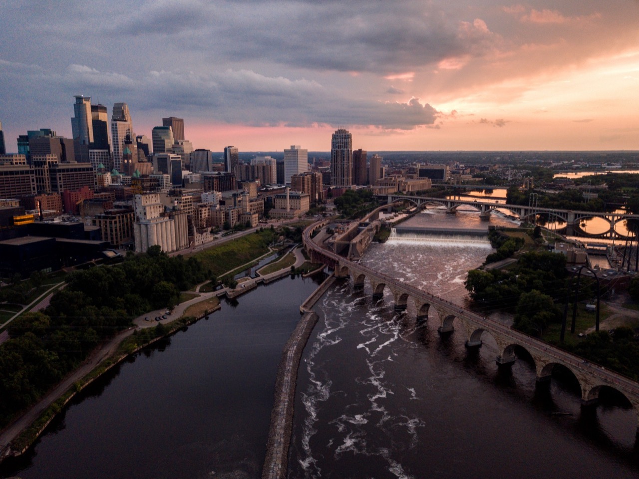 Aerial view of Minneapolis structures near the river, Minnesota
