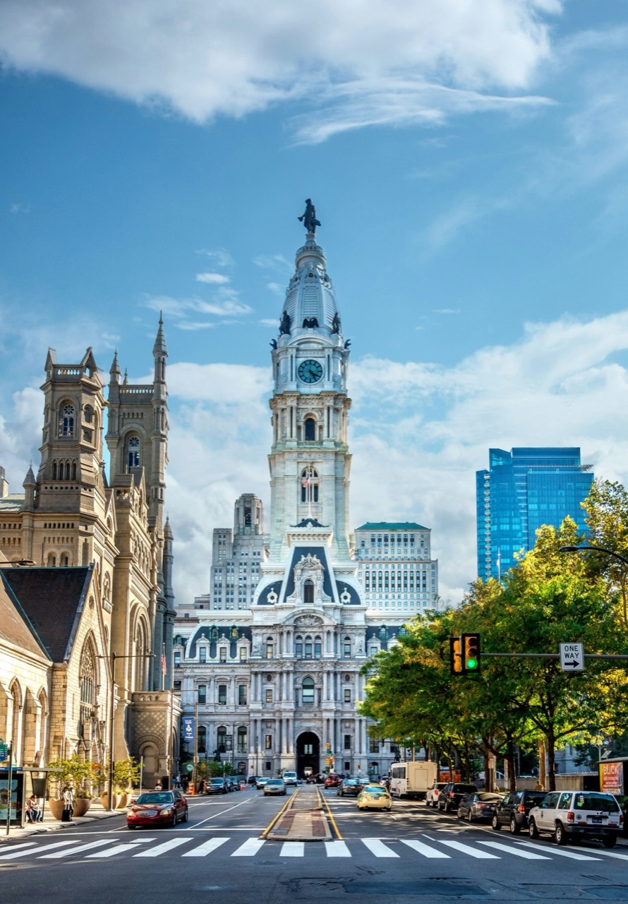 Philadelphia City Hall tower rising above the street, Pennsylvania